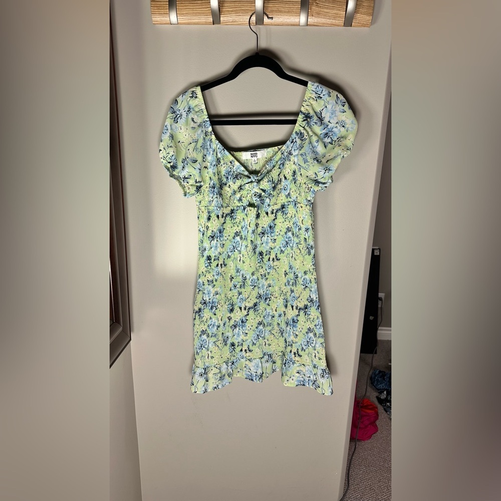 NYC Blue and Green Puff Sleeve Blouse with Ruffled Tie Front